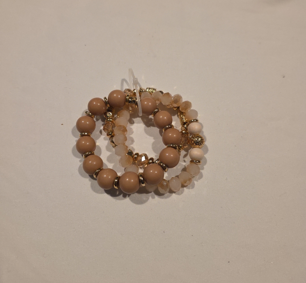 Neutral Beige and Gold Beaded Bracelet Set